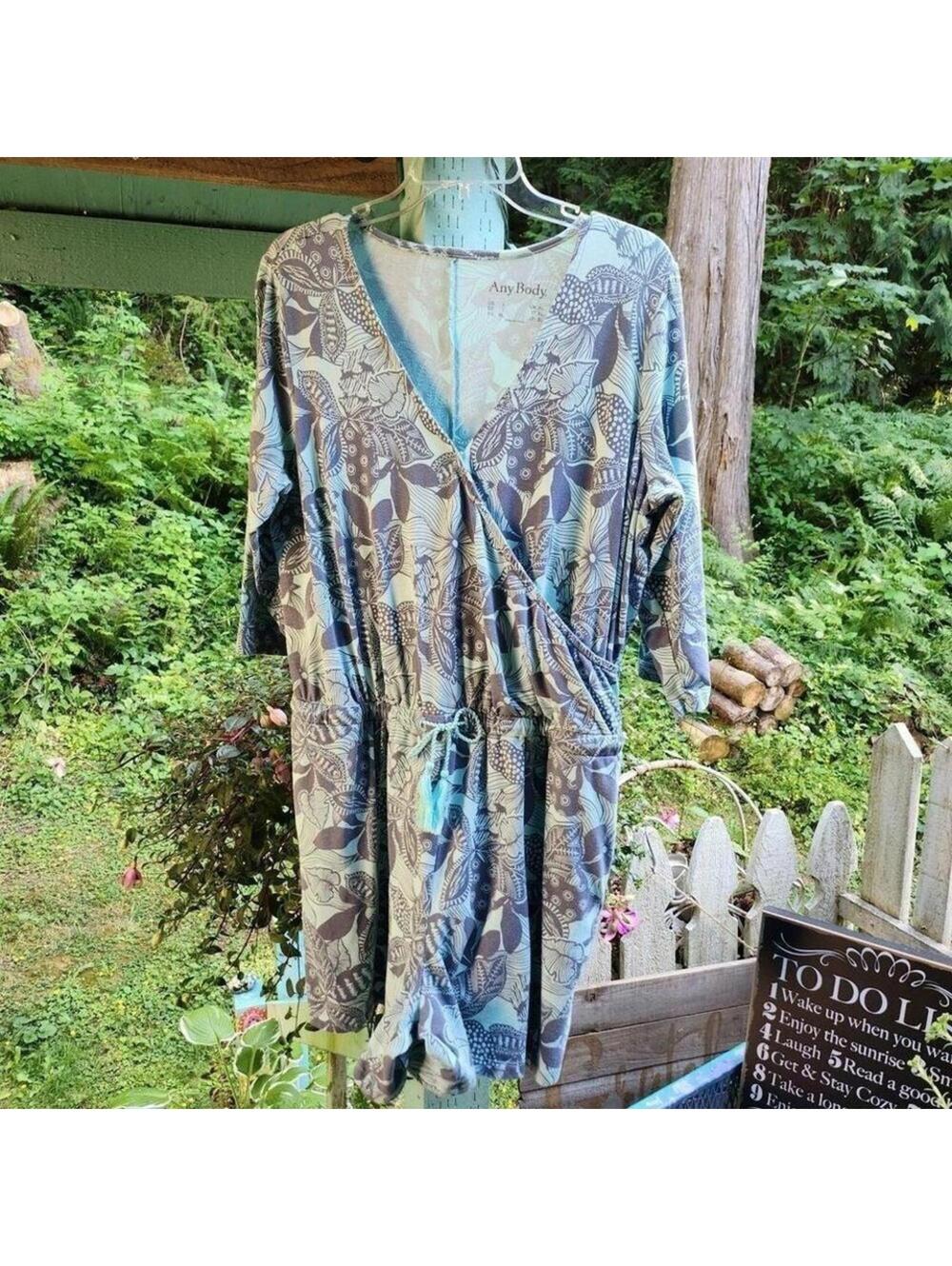 AnyBody Floral Print Wrap Dress Drawstring Waist 3/4 Sleeve Blue Gray Large
